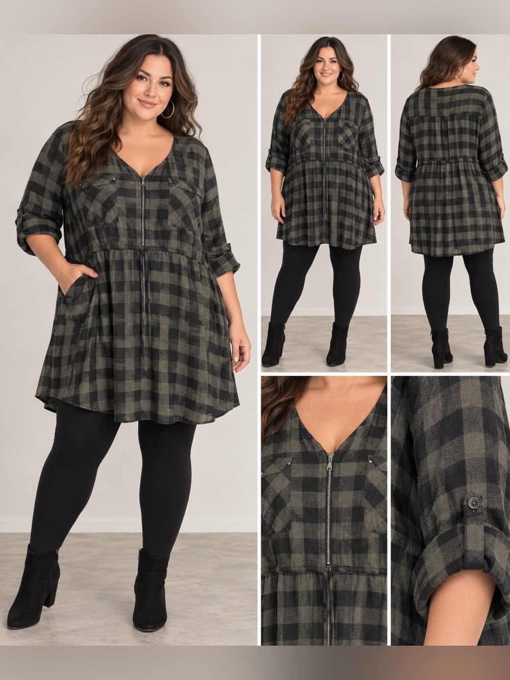 Torrid green and black buffalo plaid quarter zip-front tunic - 4